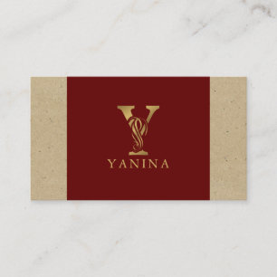Carte De Visite Lettre or Y sur lin rouge et beige