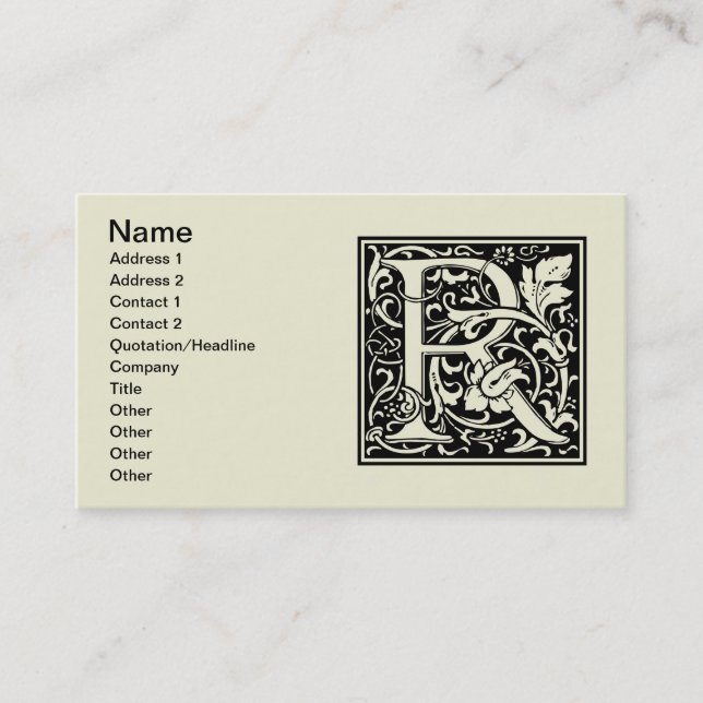Carte De Visite Lettre R Monogramme médiéval Art Nouveau (Devant)