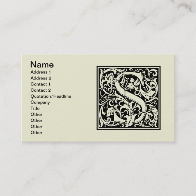Carte De Visite Lettre S Monogramme médiéval Art Nouveau (Devant)