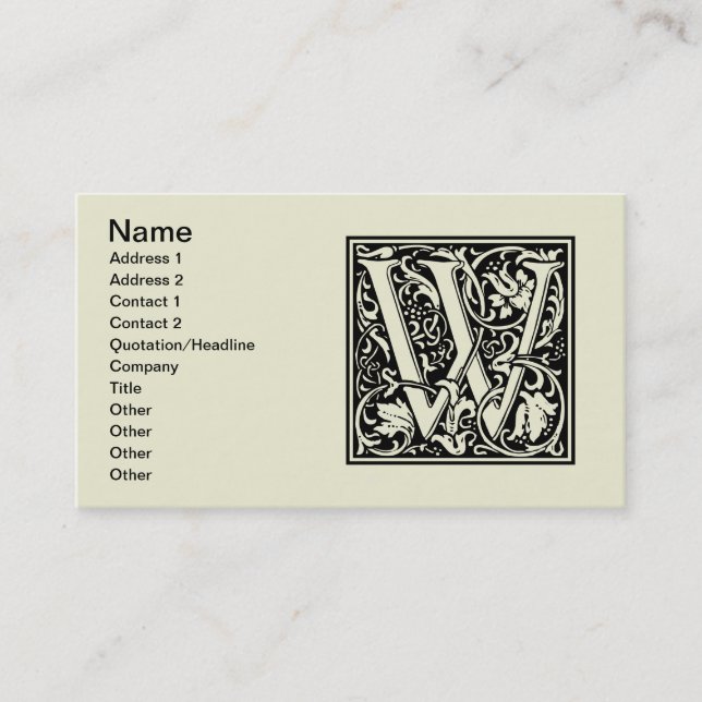 Carte De Visite Lettre W Monogramme médiéval Art Nouveau (Devant)