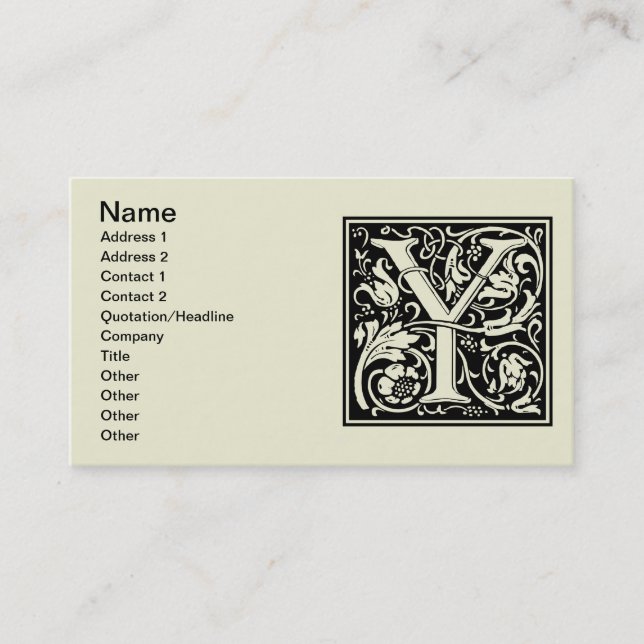 Carte De Visite Lettre Y Monogramme médiéval Art Nouveau (Devant)
