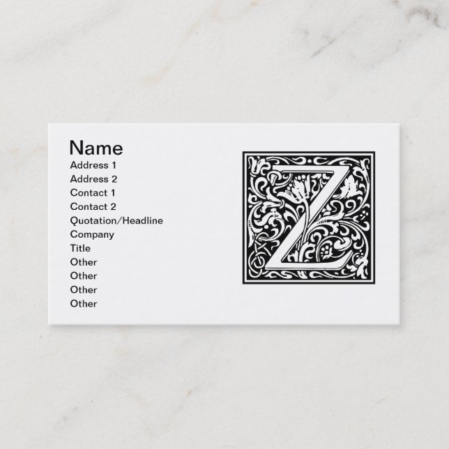 Carte De Visite Lettre Z Monogramme médiéval Art Nouveau (Devant)