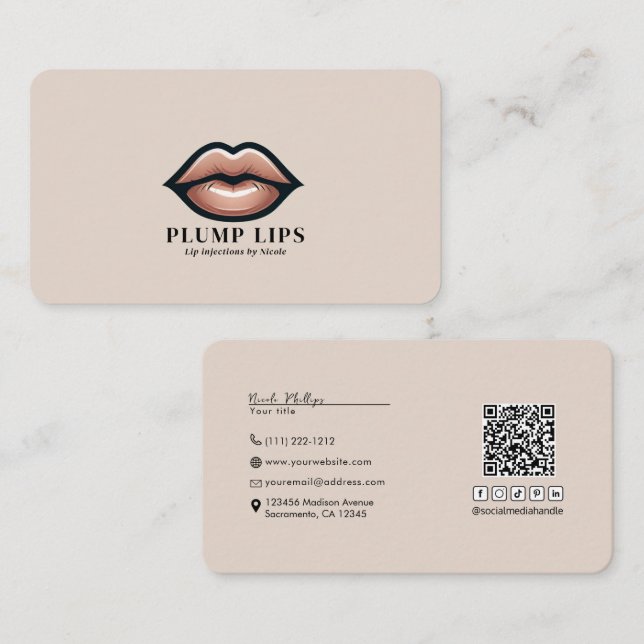 Carte De Visite Lèvres rose beige Lip Connexion aux médias sociaux (Devant / Derrière)