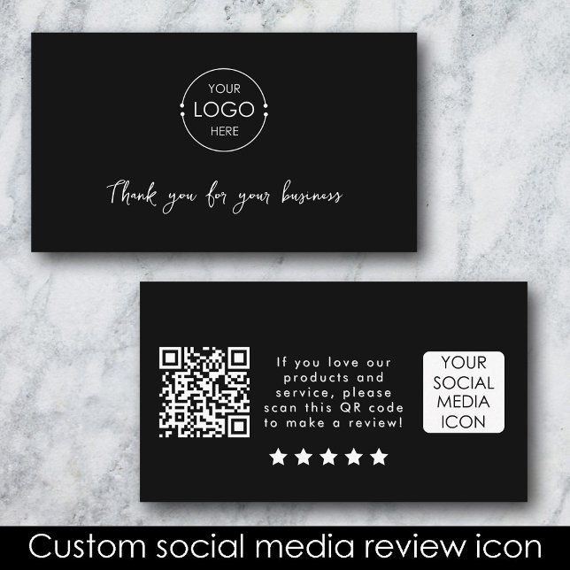 Carte De Visite Lien d'évaluation du logo de l'entreprise Code QR  (Business Logo Review Link QR Code Thank You Black Business Card)