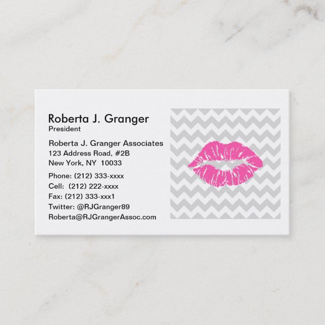 Carte De Visite Lieutenant Gray White Chevron, Pink Lipstick Kiss (Devant)