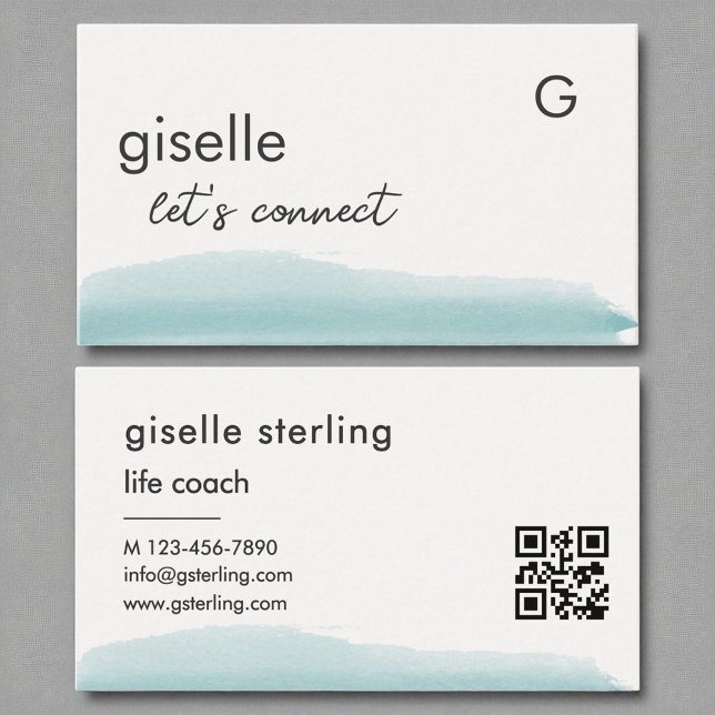 Carte De Visite Life Coach Aquarelle Aqua Blue Brush QR Code (Créateur téléchargé)