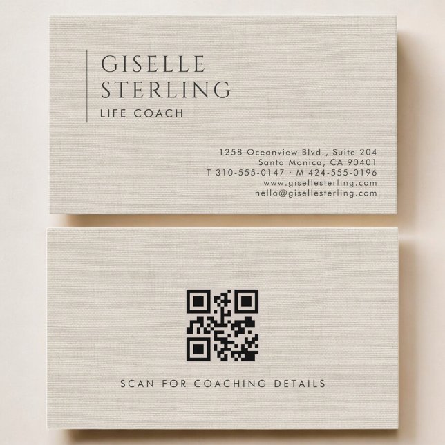 Carte De Visite Life Coach Luxury Neutral Linen QR Code (Créateur téléchargé)