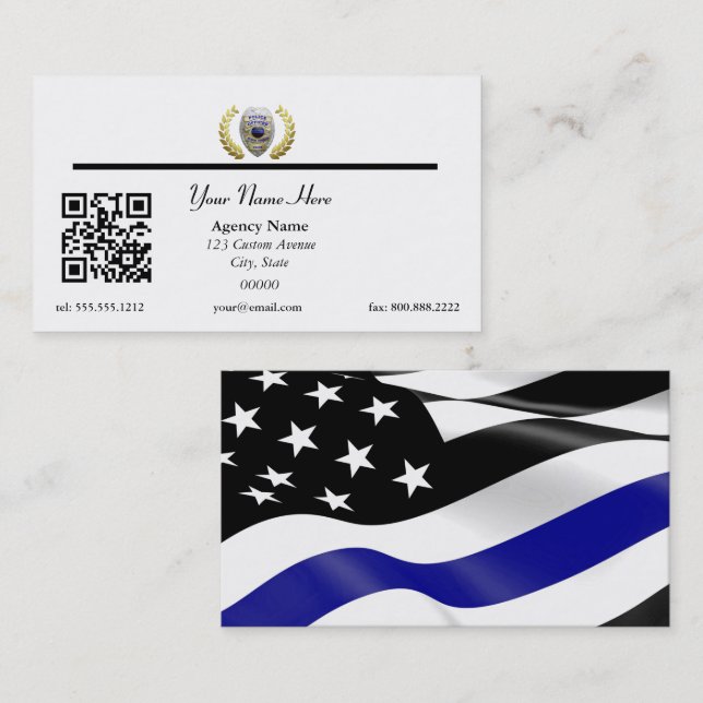 Carte De Visite Ligne Bleue Mince Police Drapeau QR Code Entrepris (Devant / Derrière)