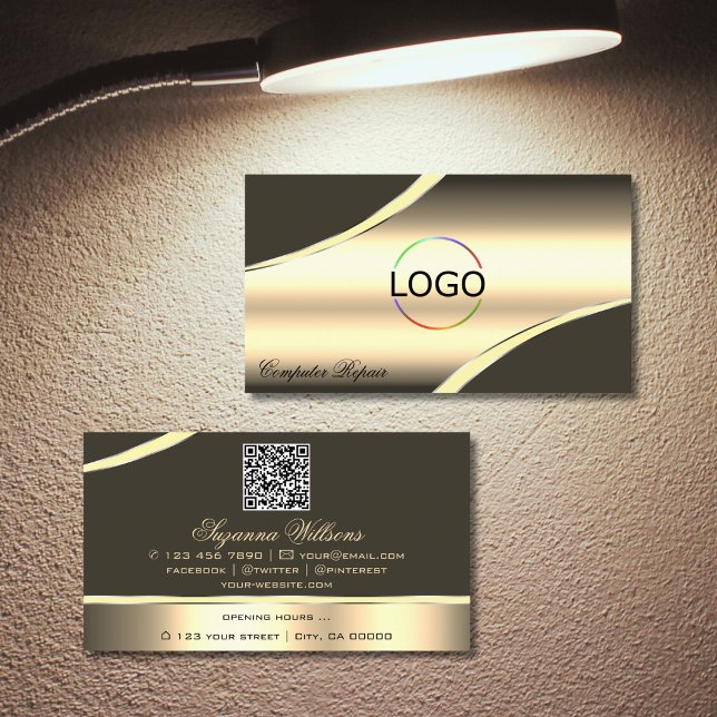 Carte De Visite Ligne de Décor Brown Or de luxe Logo Code QR (Créateur téléchargé)