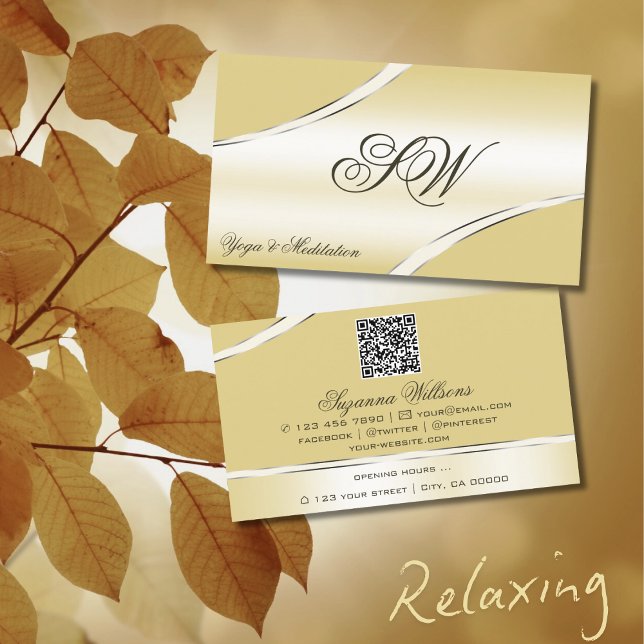 Carte De Visite Lignes Courbées crème beige de luxe Monogramme QR  (Créateur téléchargé)