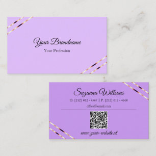Carte De Visite Lilas Lavande avec lignes dorées rosées et code QR