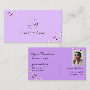 Carte De Visite Lilas Lavande avec logo et photo lignes en or rose