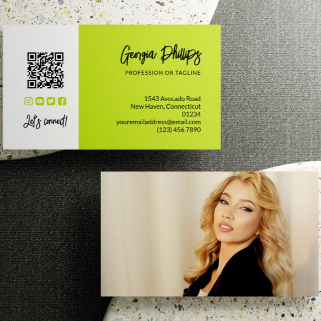 Carte De Visite Lime Green QR Code Photo Médias sociaux Icônes (Créateur téléchargé)