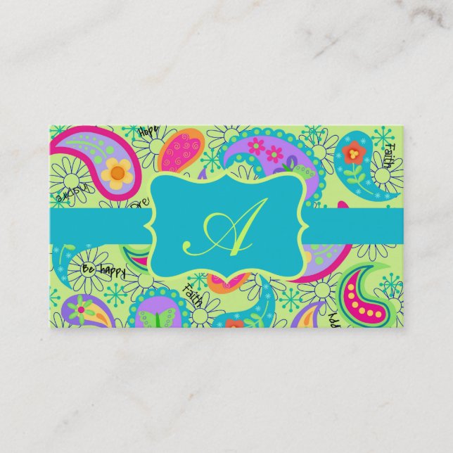 Carte De Visite Lime Vert Turquoise Moderne Paisley Monogramme (Devant)
