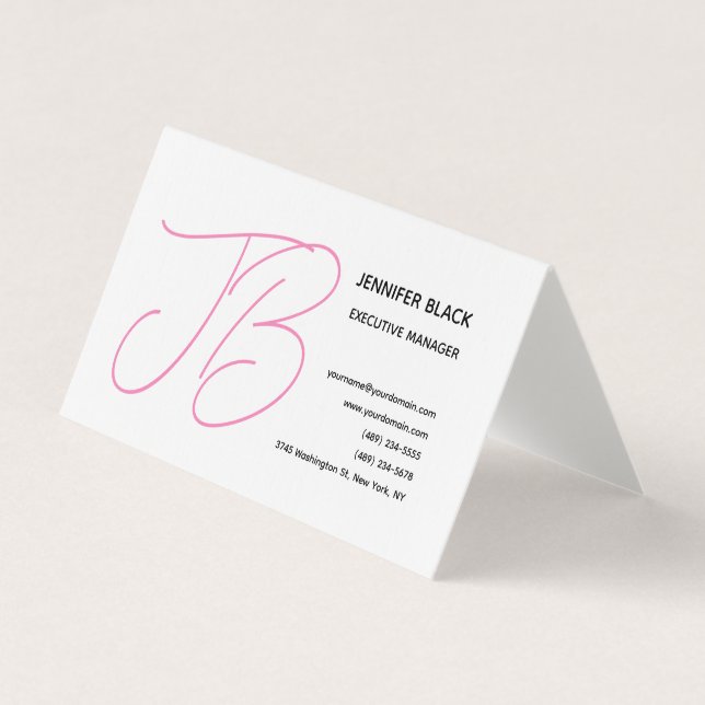 Carte De Visite Lin Gras Monogramme Rose Blanc Moderne Plain (Devant)