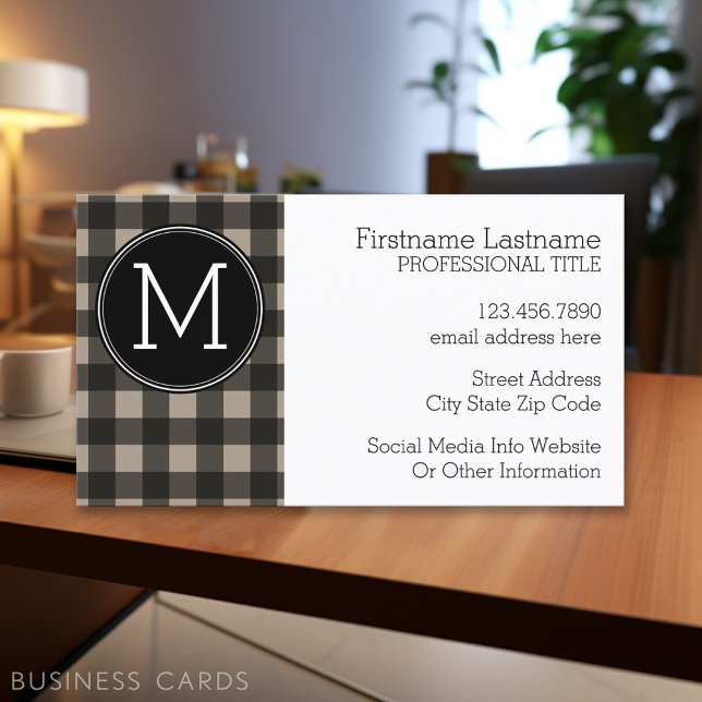 Carte De Visite Lin rustique Bison noir Plaid en vichy Monogramme (Personalized Printed Business Cards)