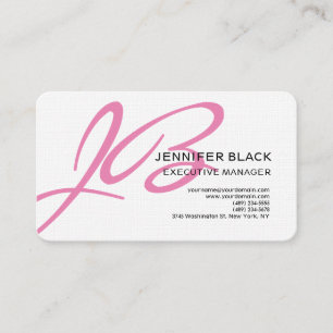 Carte De Visite Lin Script Monogramme Rose Blanc Moderne Plain