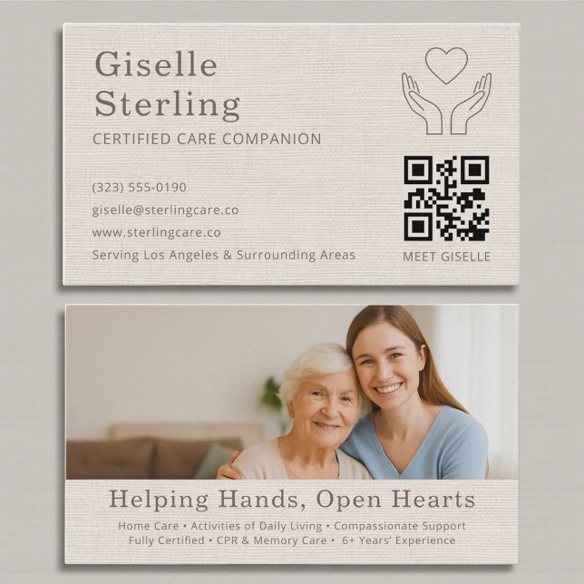 Carte De Visite Linen Home Caregiver QR Code Certified Support (Créateur téléchargé)