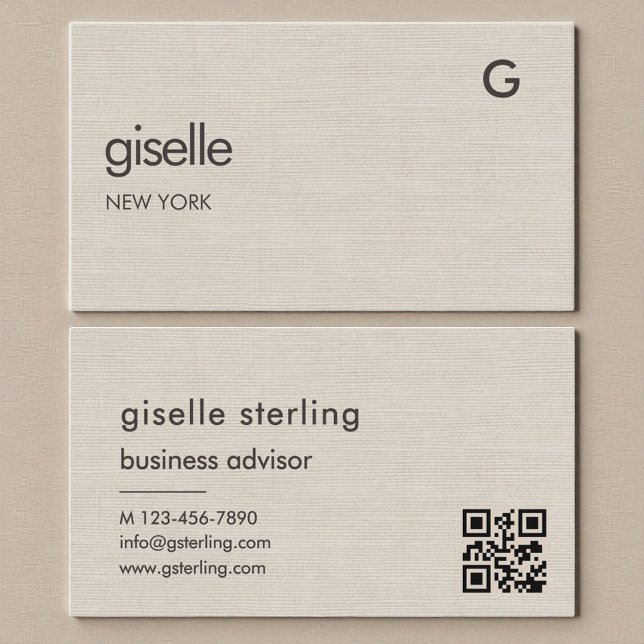 Carte De Visite Linen QR Code Minimalist Monogram  (Créateur téléchargé)
