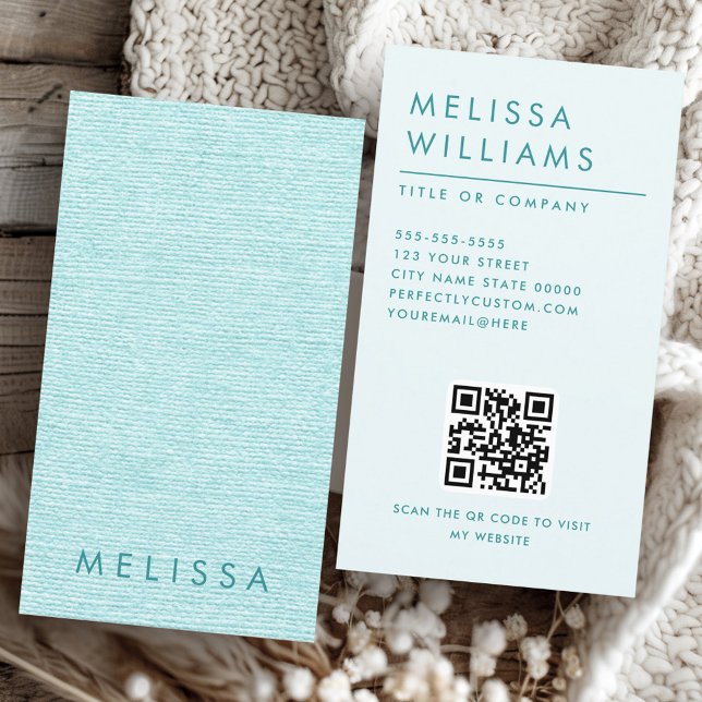 Carte De Visite Linge bleu aqua moderne look vertical minimaliste (Modern aqua blue linen look vertical minimalist business card)