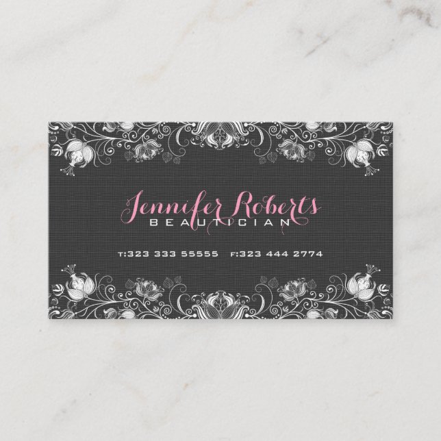 Carte De Visite Linge noir Burlap & blanc Floral & dentelle (Devant)