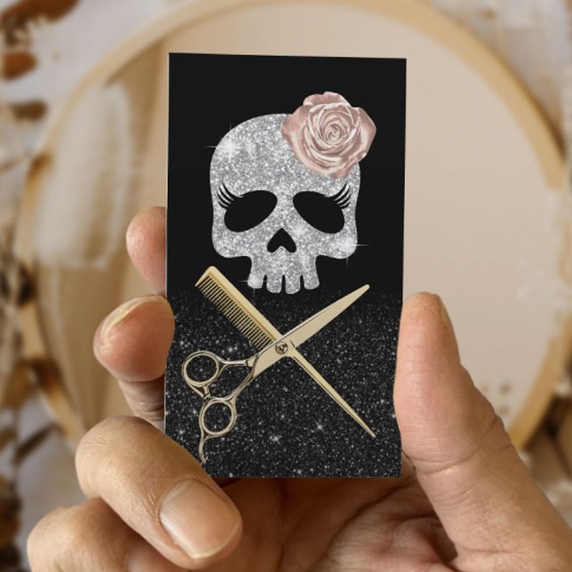 Carte De Visite Liste de cheveux Black & Silver Skull Beauté Salon (Créateur téléchargé)