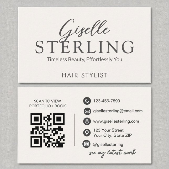 Carte De Visite Liste de cheveux blanc Script moderne QR Code (Créateur téléchargé)