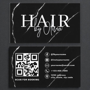 Carte De Visite Liste de cheveux de code QR Marbre noir argent