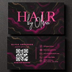 Carte De Visite Liste de cheveux de code QR Marbre noir Hot rose