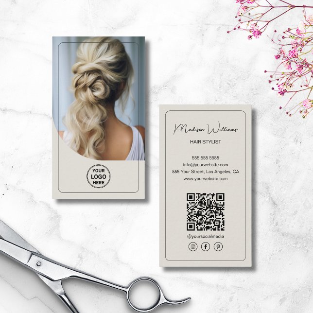 Carte De Visite Liste de cheveux Logo personnalisé Photo Code QR (Hair Stylist Custom Logo Photo QR Code Business Card)