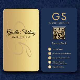 Carte De Visite Liste de cheveux Marine Blue Gold Monogramme QR Co