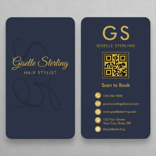 Carte De Visite Liste de cheveux Monogram Marine Blue Gold QR Code