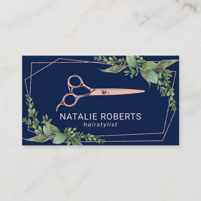 Carte De Visite Liste de cheveux Rose Gold Ciseau Vert Vert Marine (Devant)
