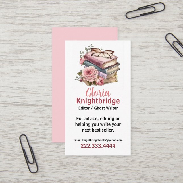 Carte De Visite Livres empilés avec fleurs (Devant/Arrière en situation)