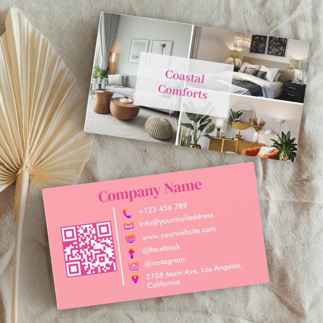 Carte De Visite Location de vacances rose Guest House QR Code (Créateur téléchargé)