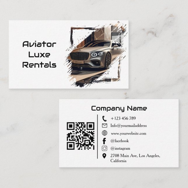 Carte De Visite Location de voiture de luxe moderne blanc QR Code  (Devant / Derrière)