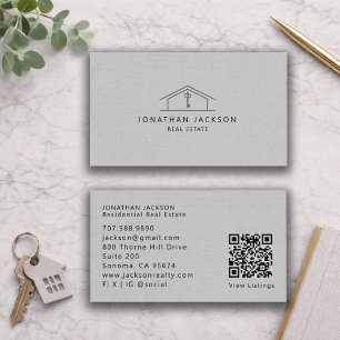 Carte De Visite Logo Accueil Faux Lin Modern Realtor Gris