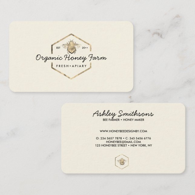 Carte De Visite Logo Apiariste Jaune Bumble Or Bee Honeypeb (Devant / Derrière)
