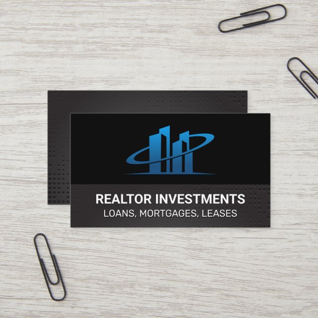Carte De Visite Logo bleu de l'agent immobilier | Arrière-plan mét (Devant/Arrière en situation)