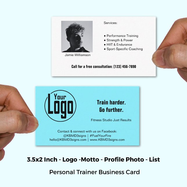 Carte De Visite Logo Bold Photo Electric Blue Personal Trainer (3.5x2 Inch, Bold Logo Photo Electric Blue Personal Trainer Business Card)