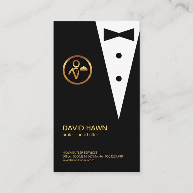 Carte De Visite Logo Chic Black Tuxedo Gold Boutonniere Butler (Devant)