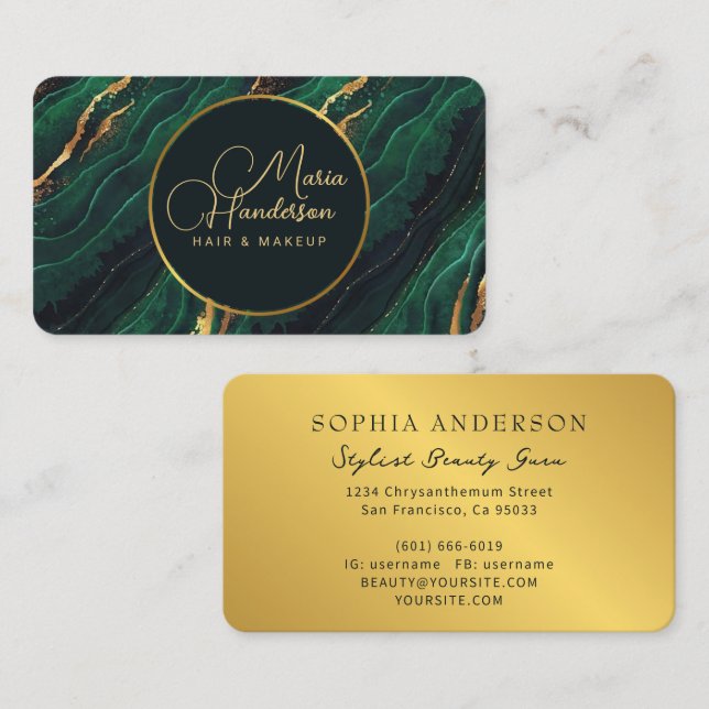 Carte De Visite Logo Chic Gold Sparkly & Dark Green Agate Parties  (Devant / Derrière)