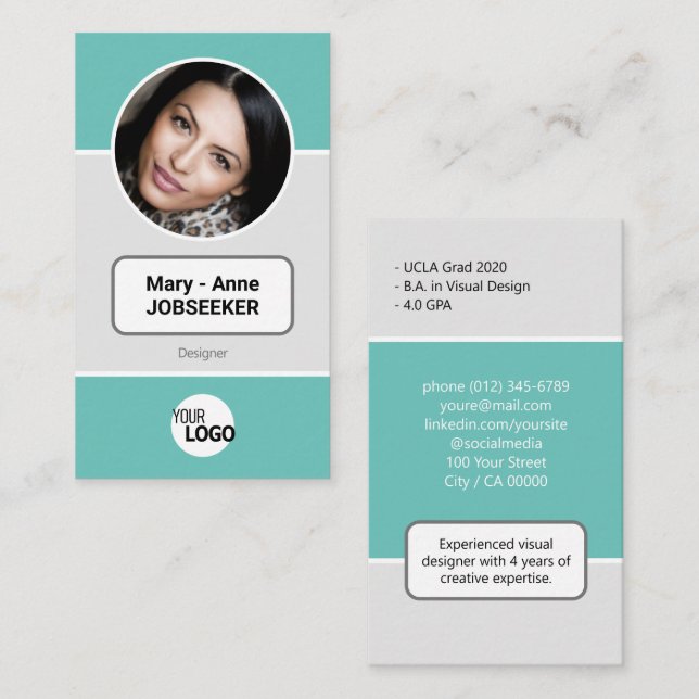 Carte De Visite Logo Circle Frame Classic Job Seeker Classic Turqu (Devant / Derrière)