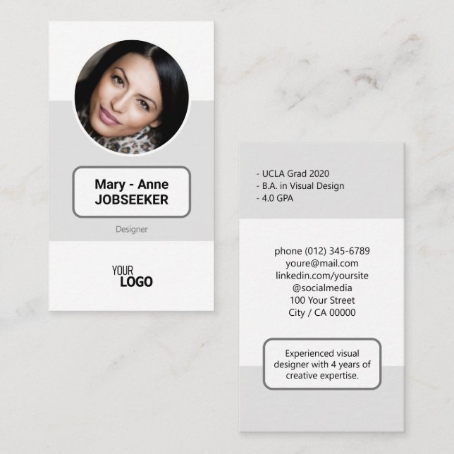 Carte De Visite Logo Circle Frame Classic Job Seeker Classy Clean (Devant / Derrière)