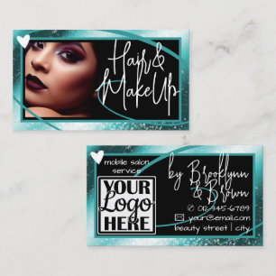 Carte De Visite Logo Classique Photo Style Turquoise Cadre Coeur L