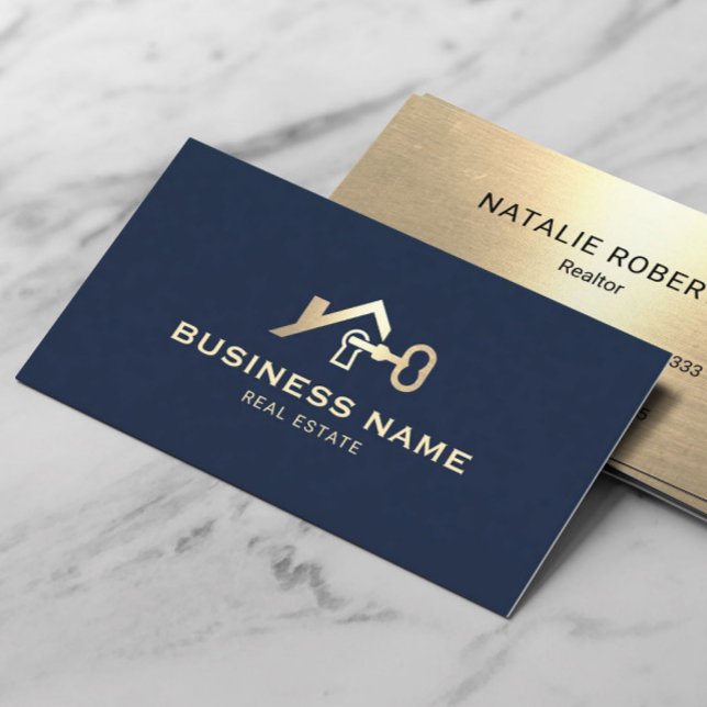 Carte De Visite Logo clé de la maison immobilière Marine moderne B (Créateur téléchargé)