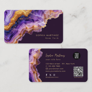 Carte De Visite Logo code QR et marbre doré à l'agate violette mod