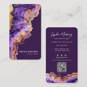 Carte De Visite Logo Code QR et marbre doré à l'agate violette mod
