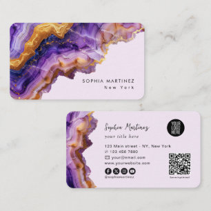 Carte De Visite Logo code QR et marbre doré à l'agate violette mod