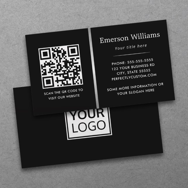 Carte De Visite Logo code QR gris argenté diviseur noir (Black, professional business cards with QR code and custom logo)
